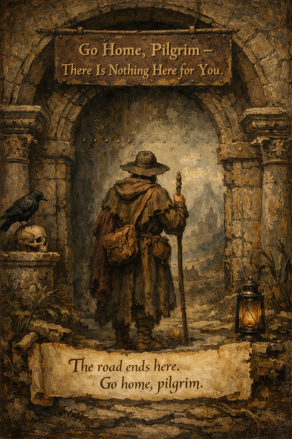 A lone pilgrim walking into the unknown